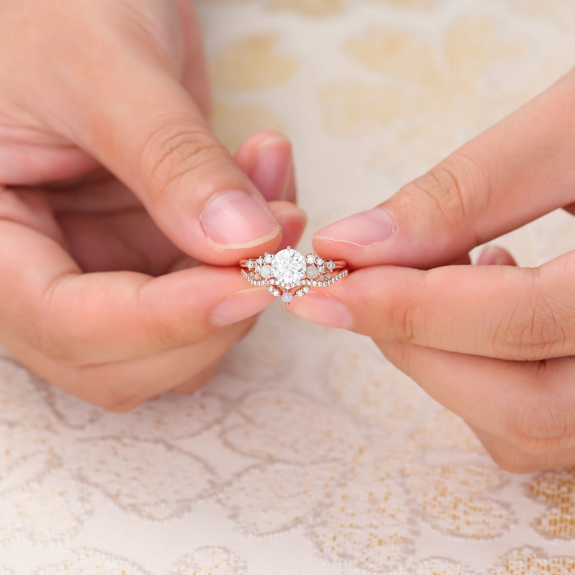 Juyoyo Round Moissanite and Opal Bridal Ring Set Rose Gold Cluster Engagement Ring Set - 2pcs