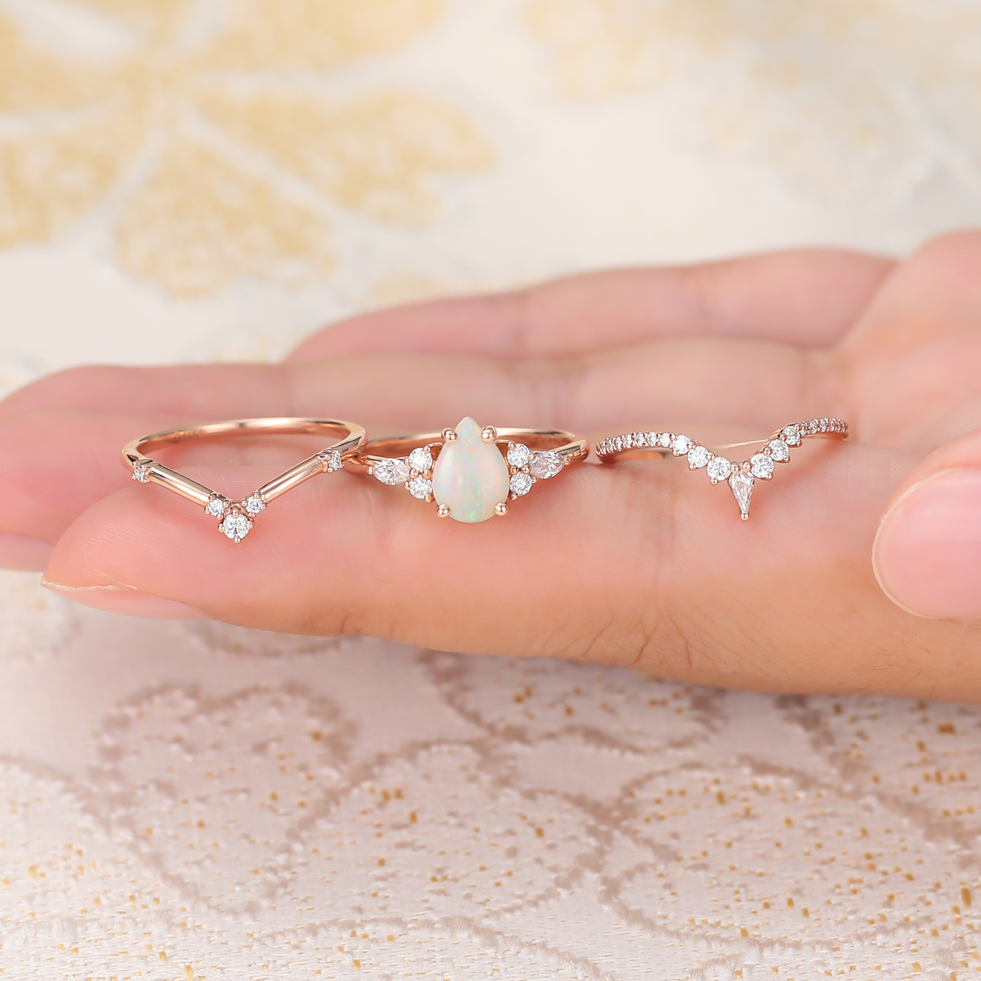 Juyoyo Exquisite Opal and Diamond Wedding Ring Set for Women - 3pcs