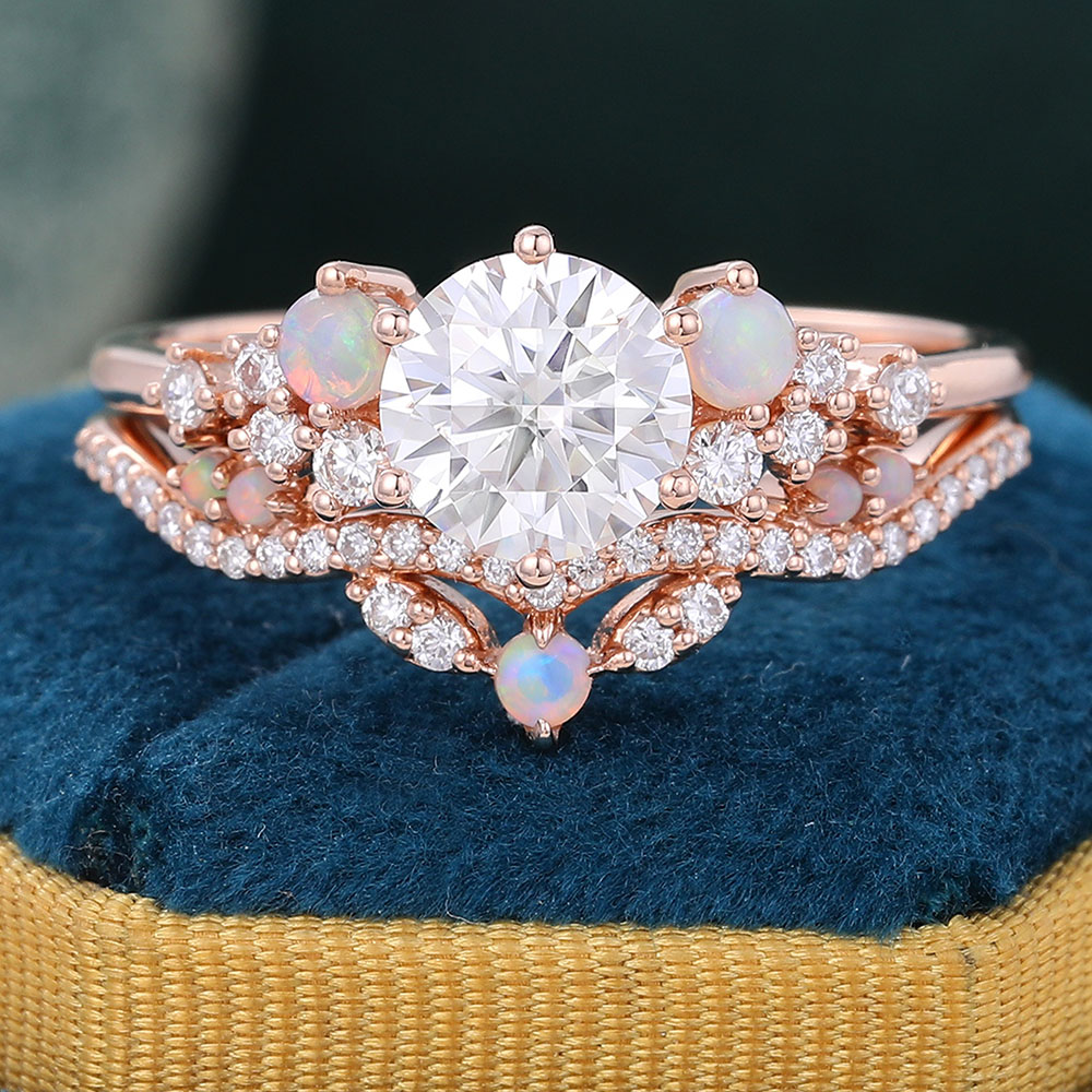 Juyoyo Round Moissanite and Opal Bridal Ring Set Rose Gold Cluster Engagement Ring Set - 2pcs