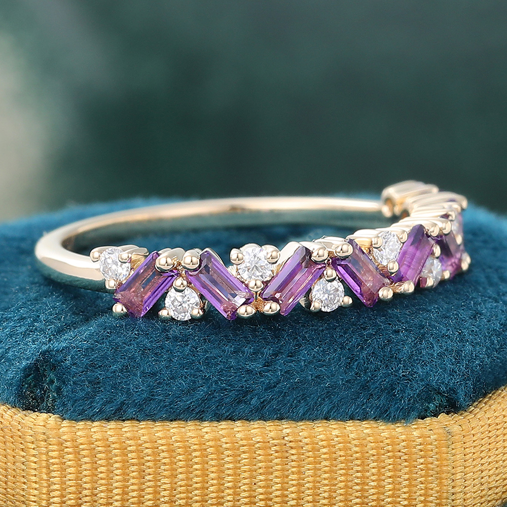 Amethyst Wedding Ring with Diamond Sidestones Unique Stackable Band