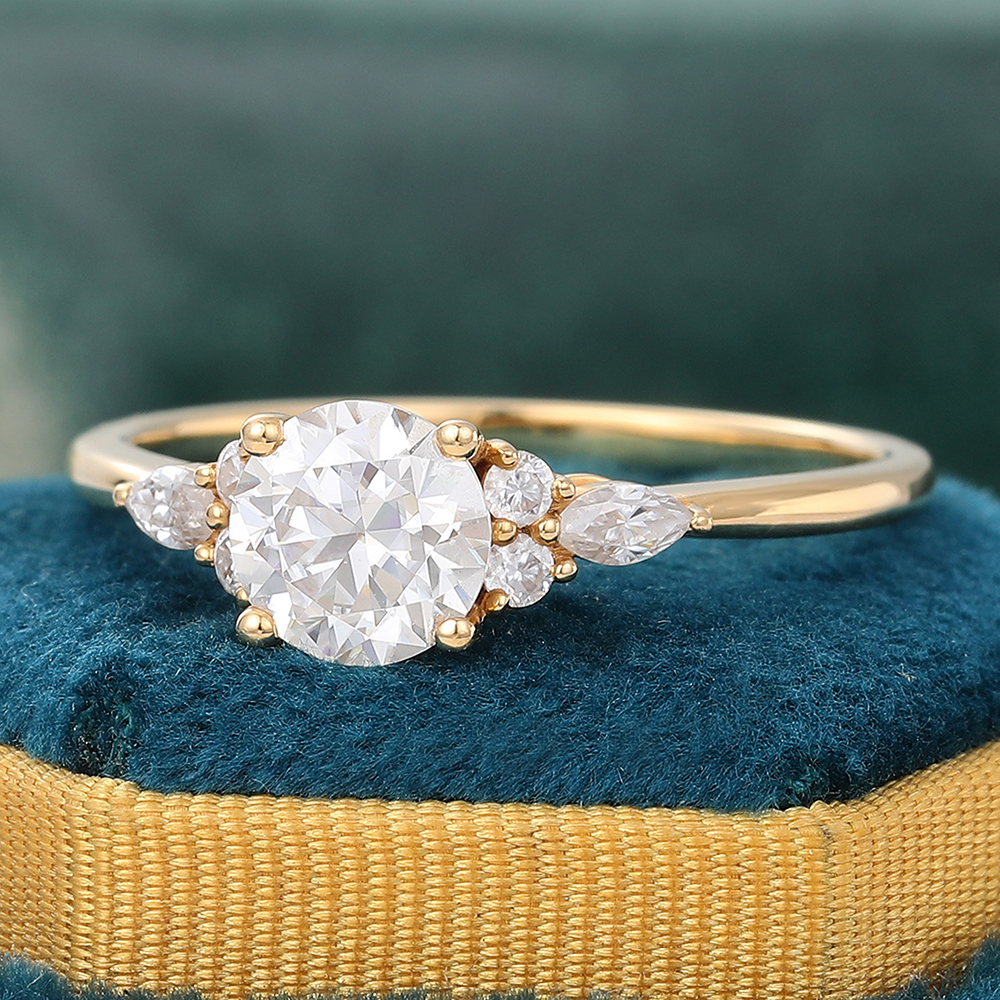 Juyoyo Round Cut Moissanite Engagement Ring Vintage Cluster Wedding Ring in 14K Yellow Gold