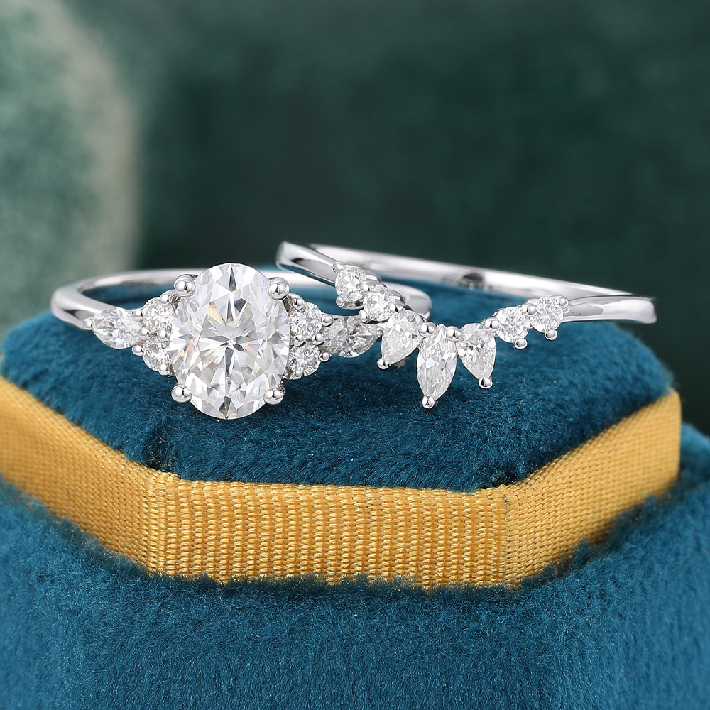 Juyoyo Oval Cut Moissanite Engagement Ring Set Dainty Cluster Bridal Ring Set 14K White Gold