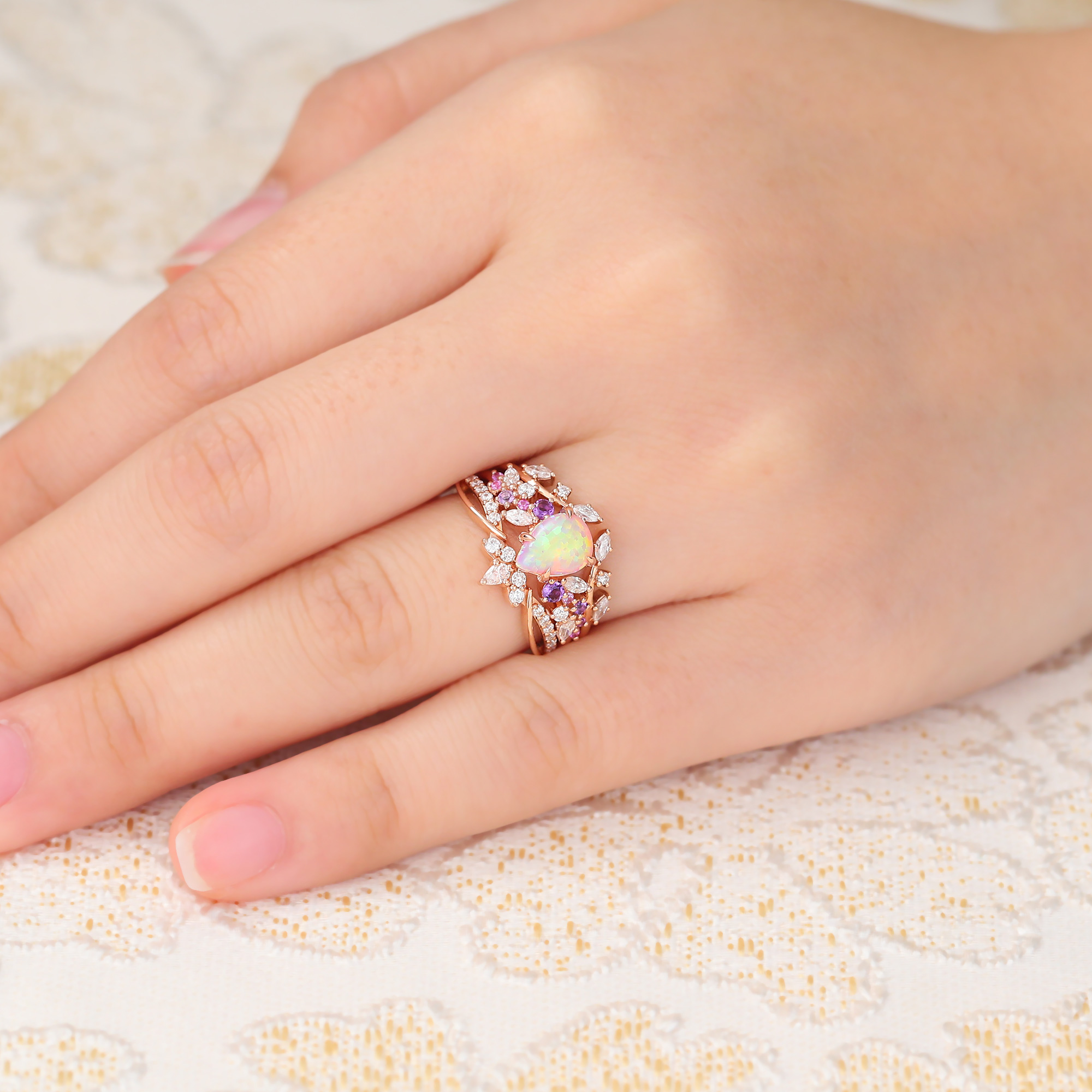 Juyoyo 3PCS Pear Shaped Pink Opal Bridal Ring Set Rose Gold Wedding Ring Set for Women