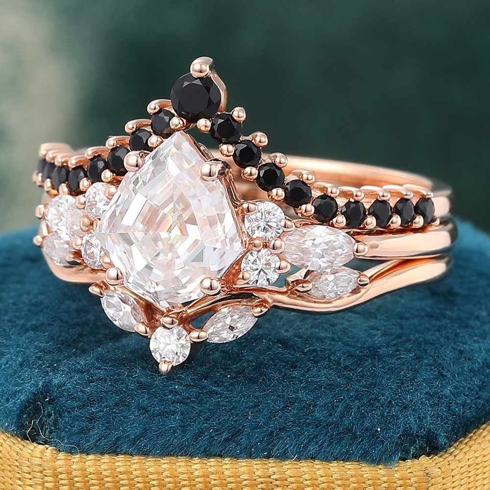 Juyoyo Shield Shaped Moissanite Bridal Ring Set Black Onyx Engagement Ring Set - 3pcs