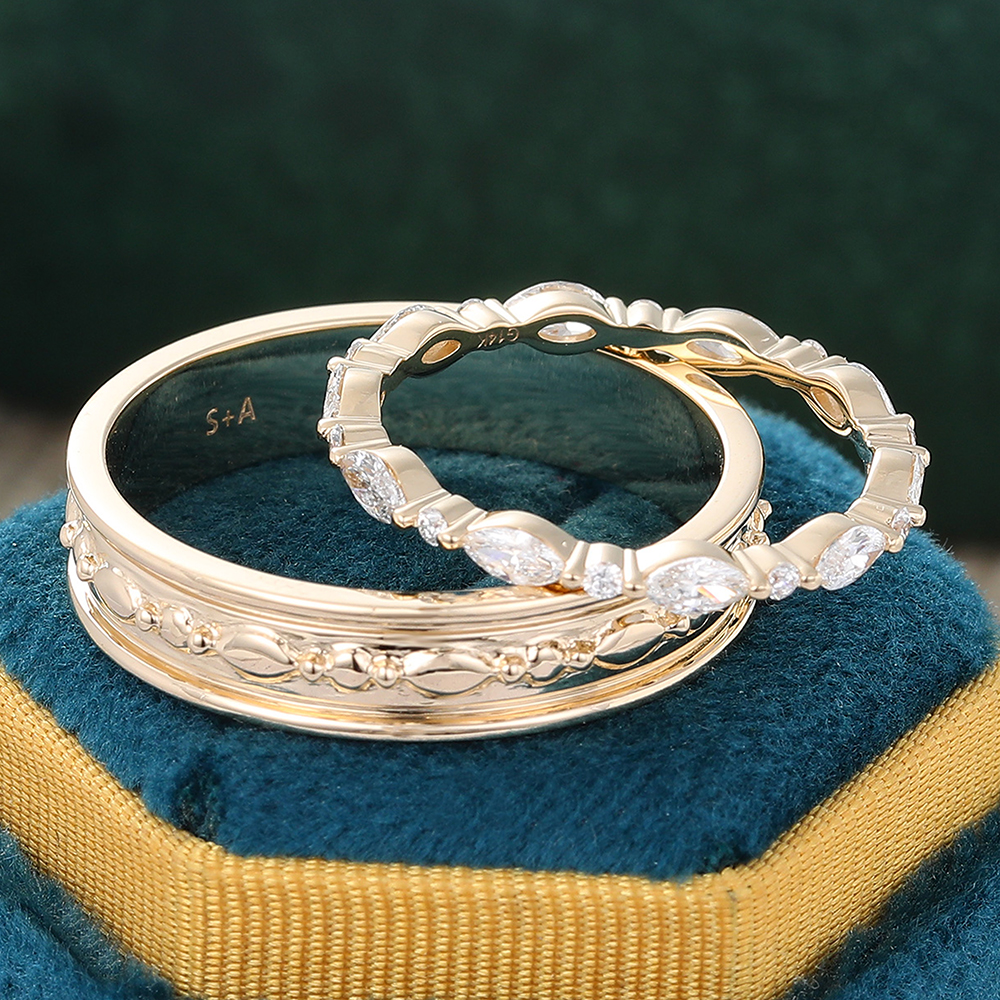 Juyoyo Moissanite Couple Rings For Men & Women Yellow Gold Double Band Bridal Set - 2pcs