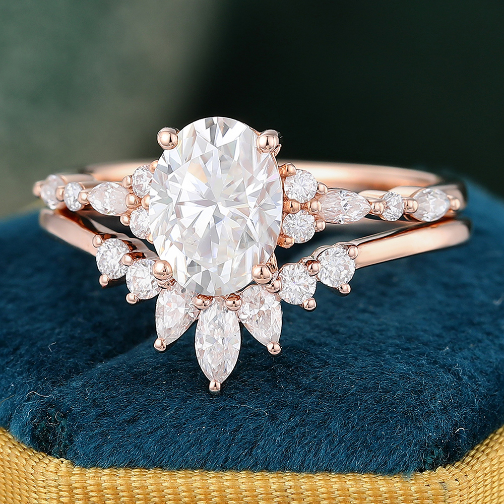 Juyoyo Oval Moissanite Engagement Set Vintage Rose Gold Moissanite Wedding Set for Women - 2pcs