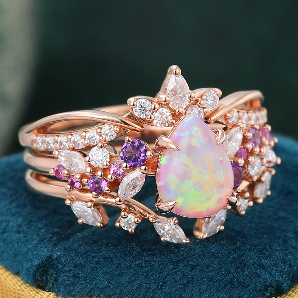 Juyoyo 3PCS Pear Shaped Pink Opal Bridal Ring Set Rose Gold Wedding Ring Set for Women