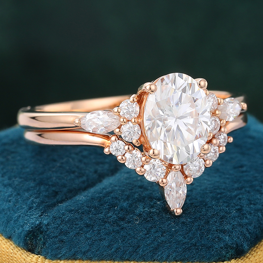 Juyoyo Rose Gold Oval Moissanite Wedding Set Diamond Cluster Engagement Ring Set for Women - 2pcs