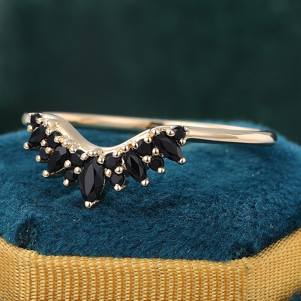 Juyoyo Marquise & Round Cut Black Onyx Ring Gold Contour Wedding Band Stackable Ring