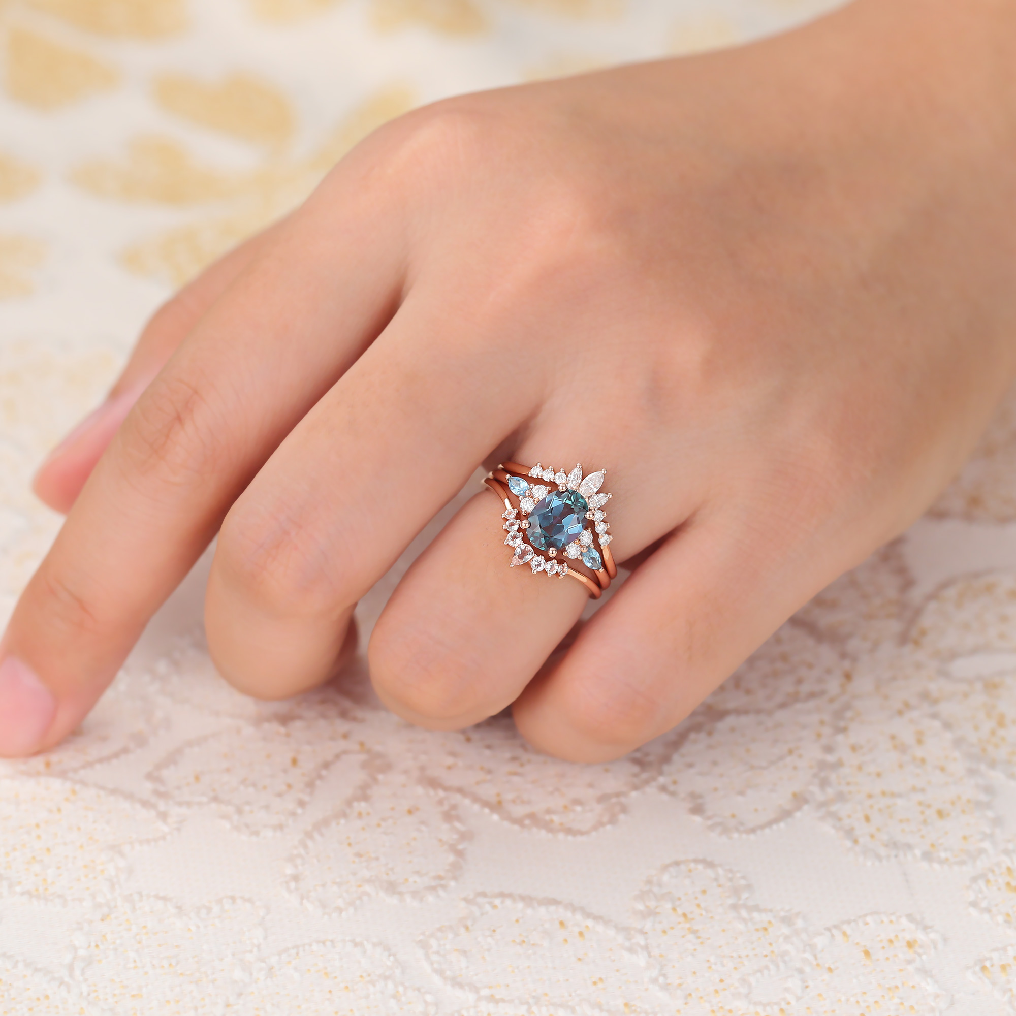 Juyoyo Vintage Alexandrite Wedding Ring Set 14K Rose Gold Morganite Wedding Band Set - 3pcs