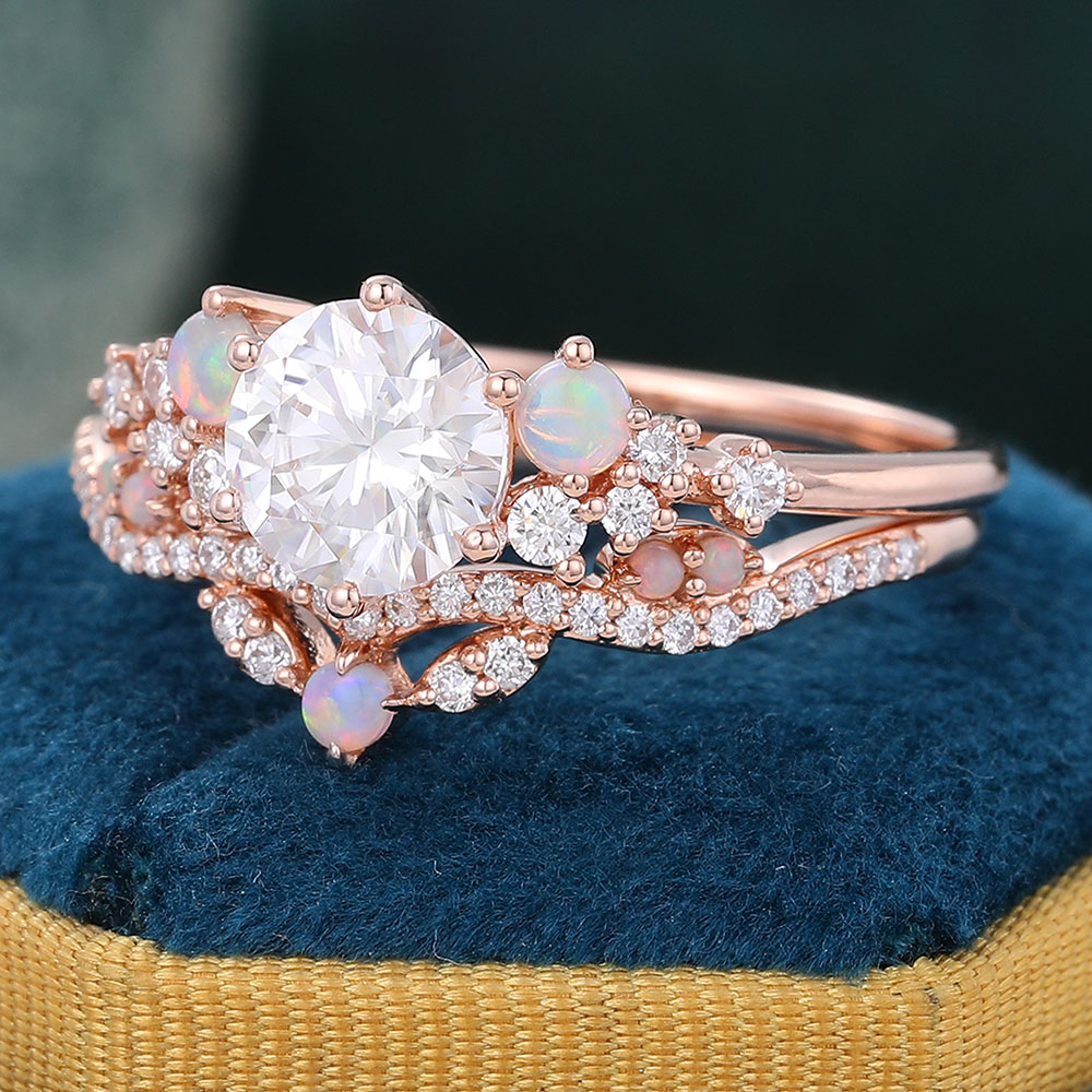 Juyoyo Round Moissanite and Opal Bridal Ring Set Rose Gold Cluster Engagement Ring Set - 2pcs