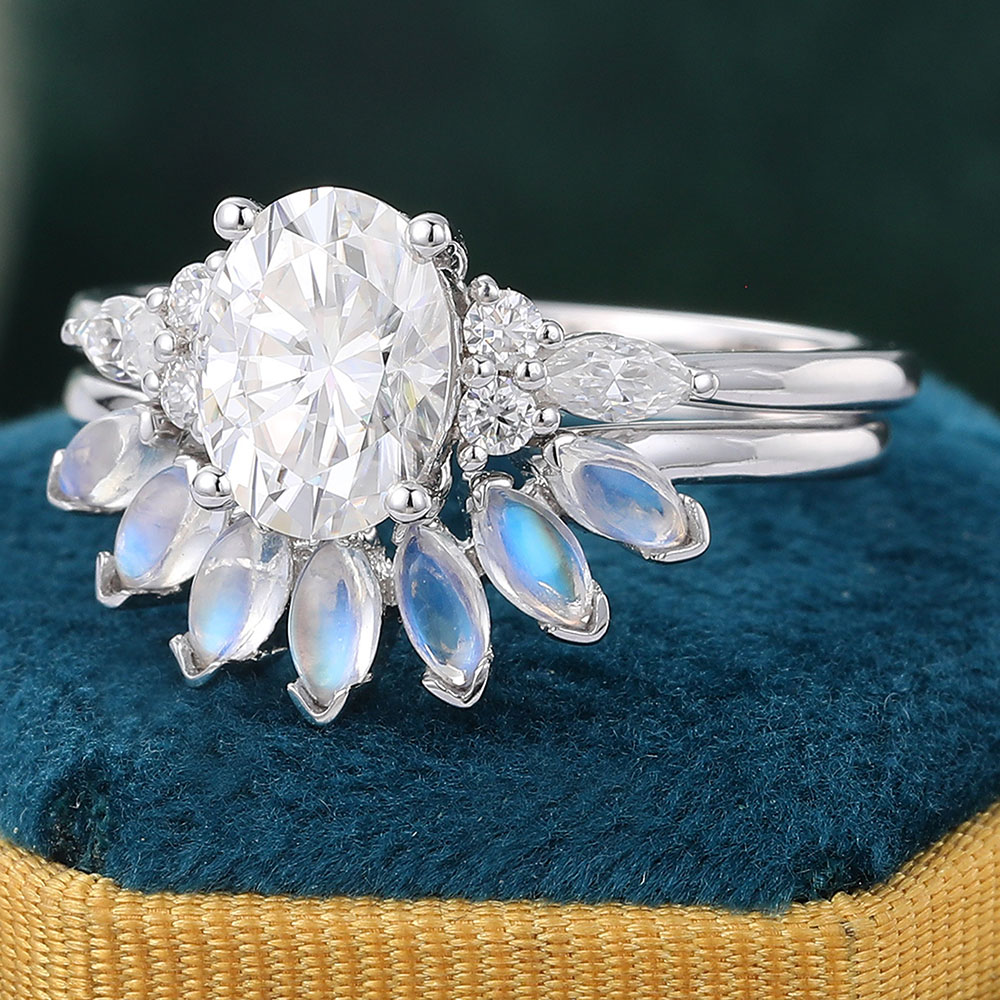 Juyoyo Oval Moissanite Bridal Ring Set with Moonstone Wedding Band Cluster Engagement Ring Set Silver