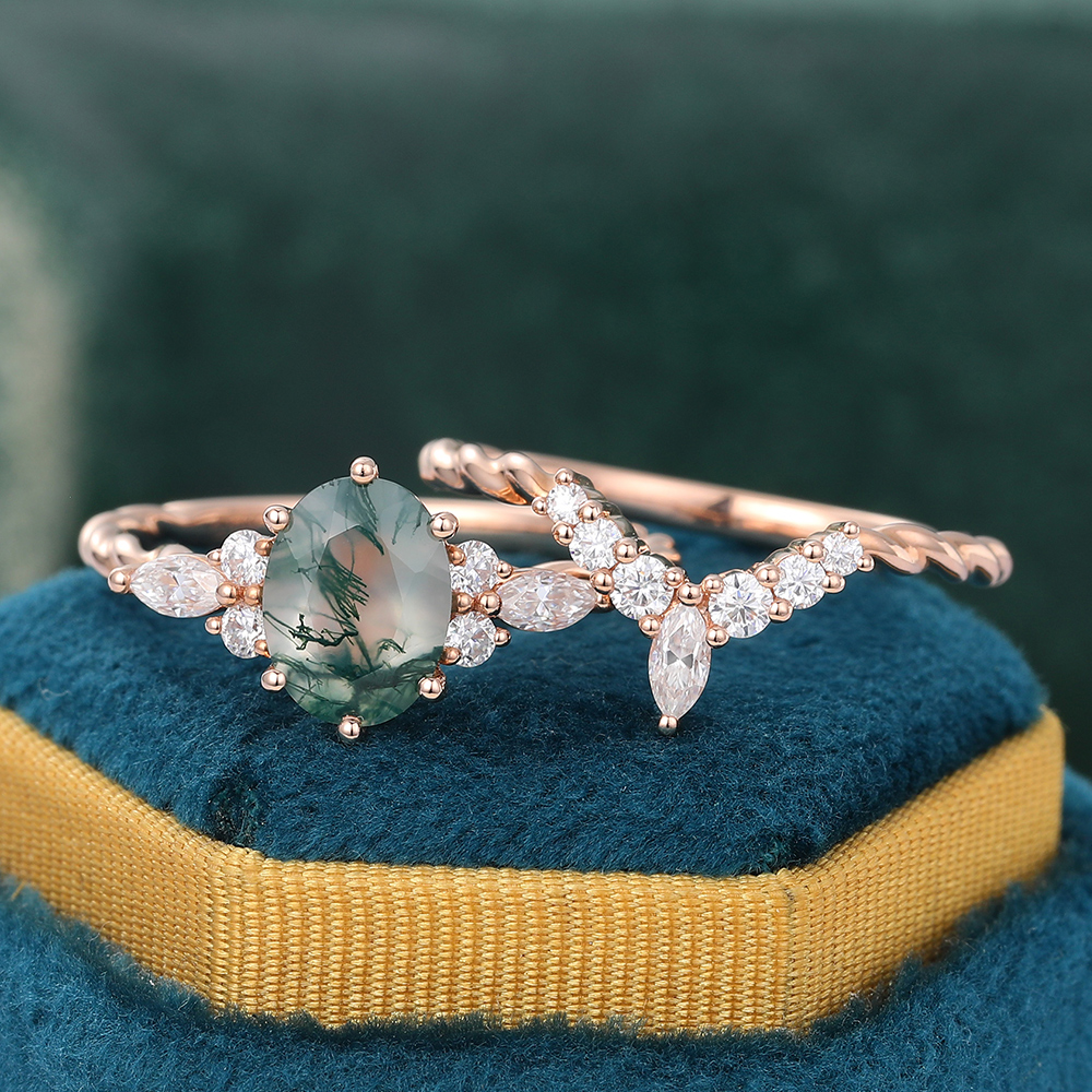 Juyoyo Twist Oval Moss Agate and Diamond Wedding Ring Set