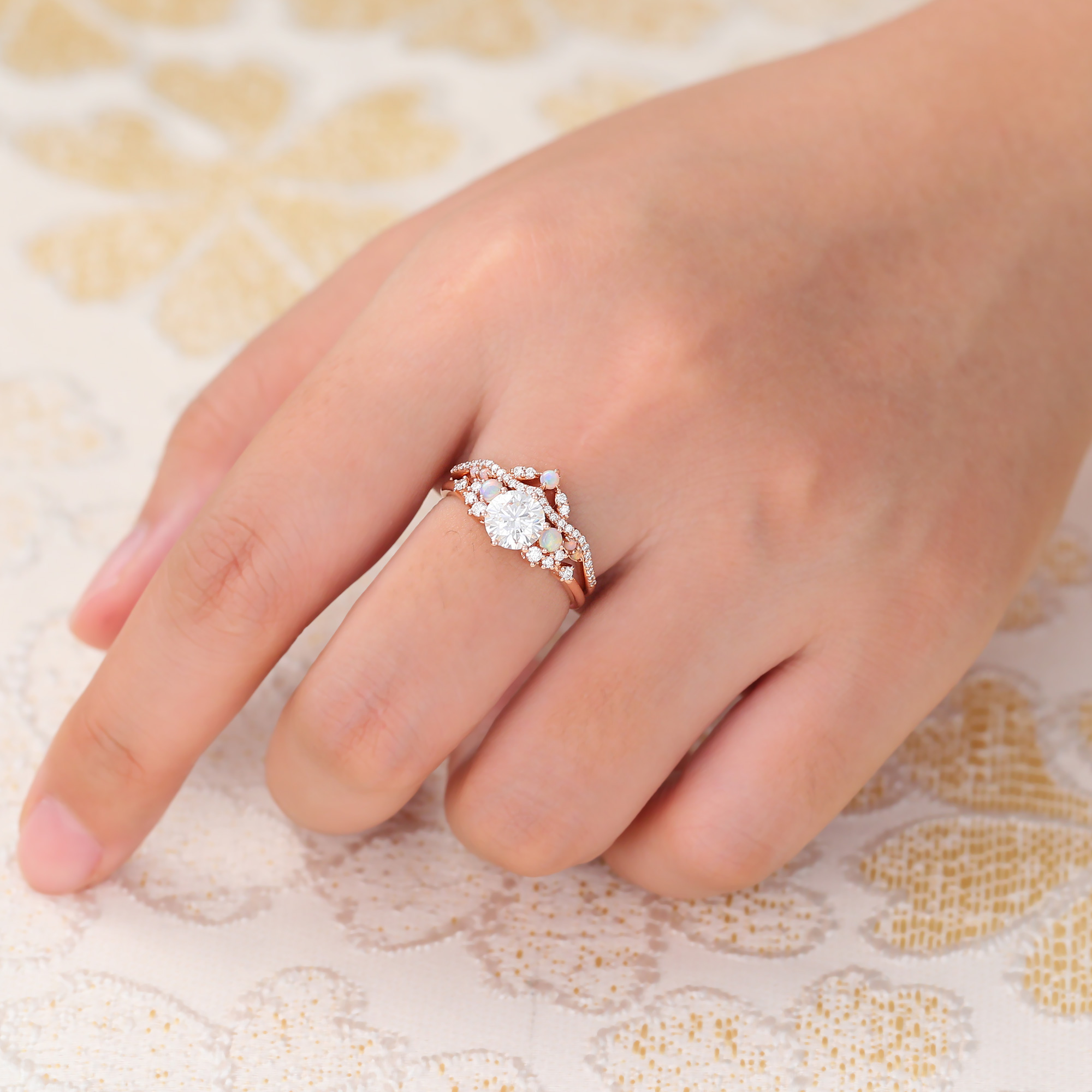 Juyoyo Round Moissanite and Opal Bridal Ring Set Rose Gold Cluster Engagement Ring Set - 2pcs