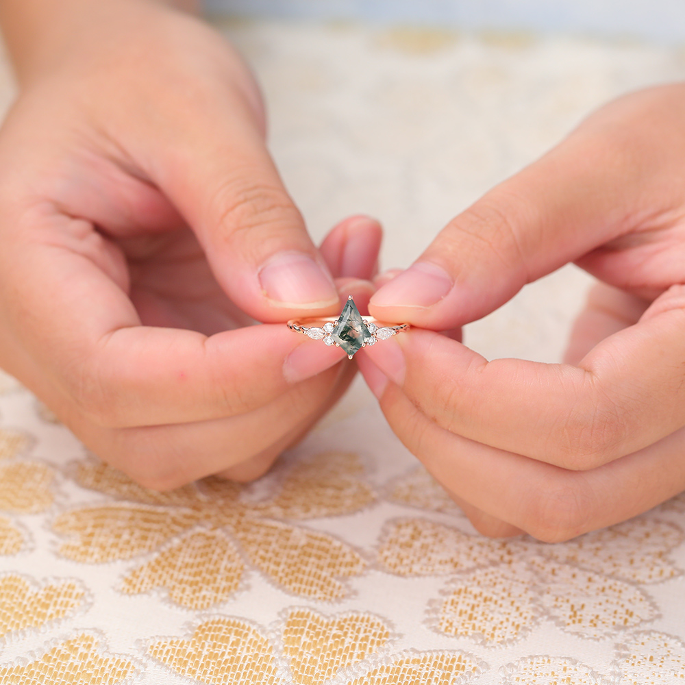14K Rose Gold Kite Cut Moss Agate and Moissanite Twisted Ring