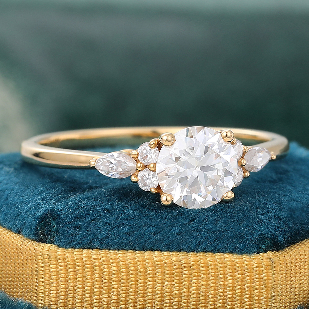Juyoyo Round Cut Moissanite Engagement Ring Vintage Cluster Wedding Ring in 14K Yellow Gold