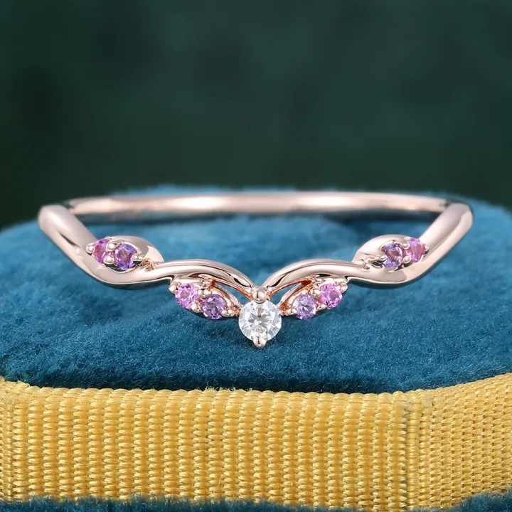 Round Amethyst & Pink Sapphire & Moissanite Wedding Band Curved Wedding Band Rose Gold