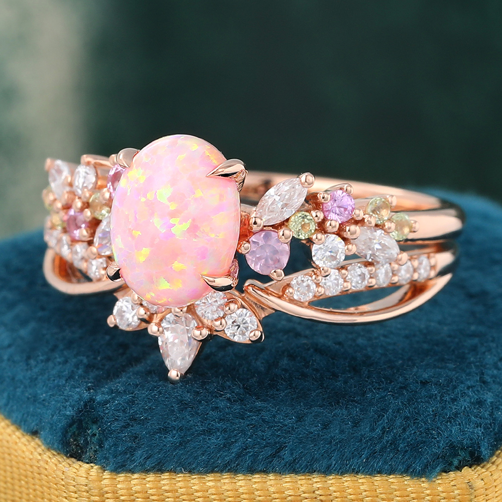 Juyoyo Vintage Oval Pink Opal Bridal Ring Set Diamond or Moissanite Crown Wedding Band Rose Gold