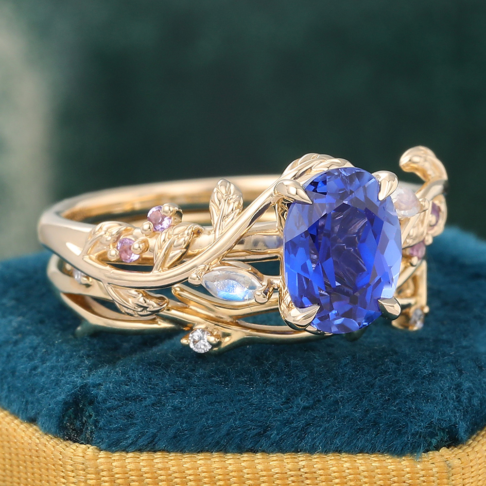 Juyoyo Oval Blue Sapphire Engagement Ring Set Vintage Nature Inspired Wedding Ring Set 14K Yellow Gold