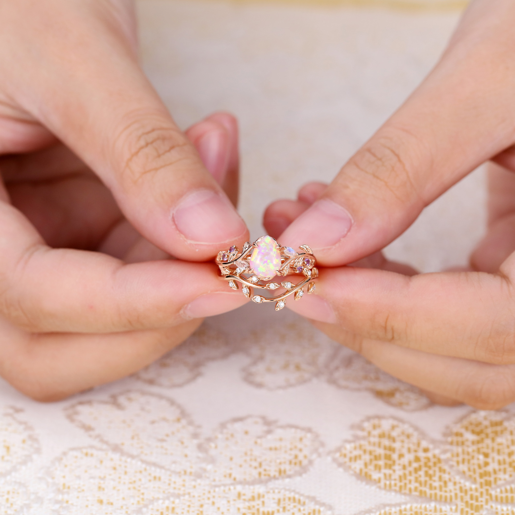 Juyoyo Pear Pink Opal Wedding Ring Set Moissanite Leaf Stacking Band Women Nature Inspired Ring Set