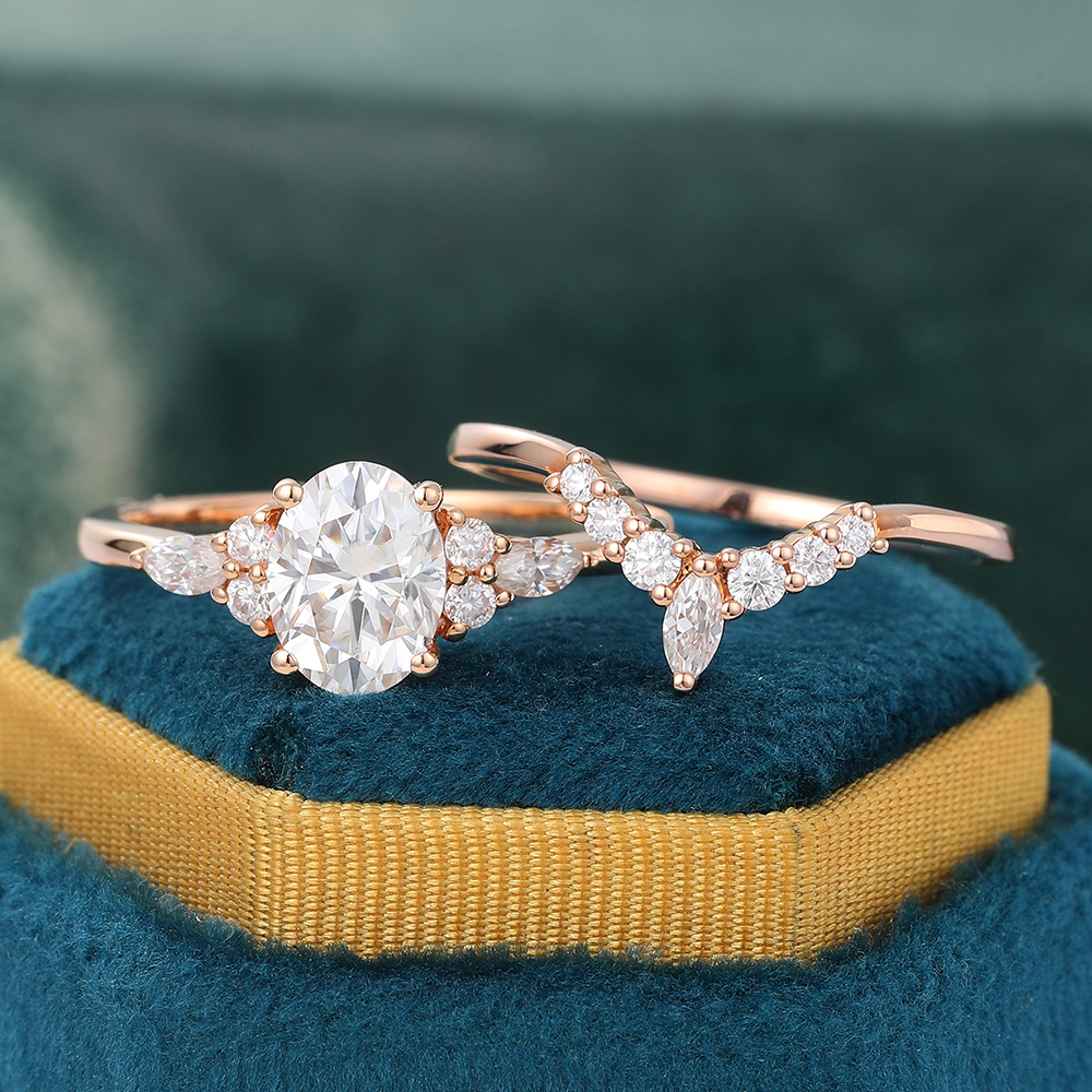 Juyoyo Rose Gold Oval Moissanite Wedding Set Diamond Cluster Engagement Ring Set for Women - 2pcs