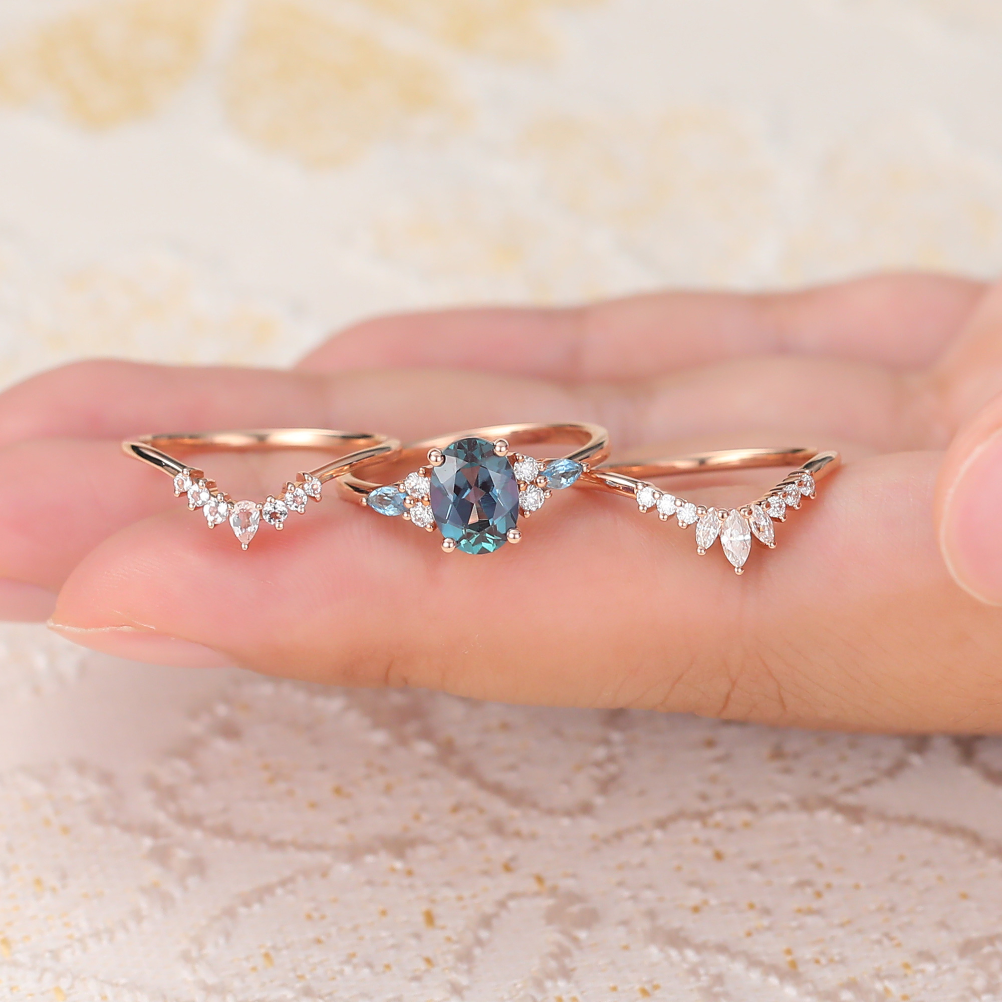 Juyoyo Vintage Alexandrite Wedding Ring Set 14K Rose Gold Morganite Wedding Band Set - 3pcs