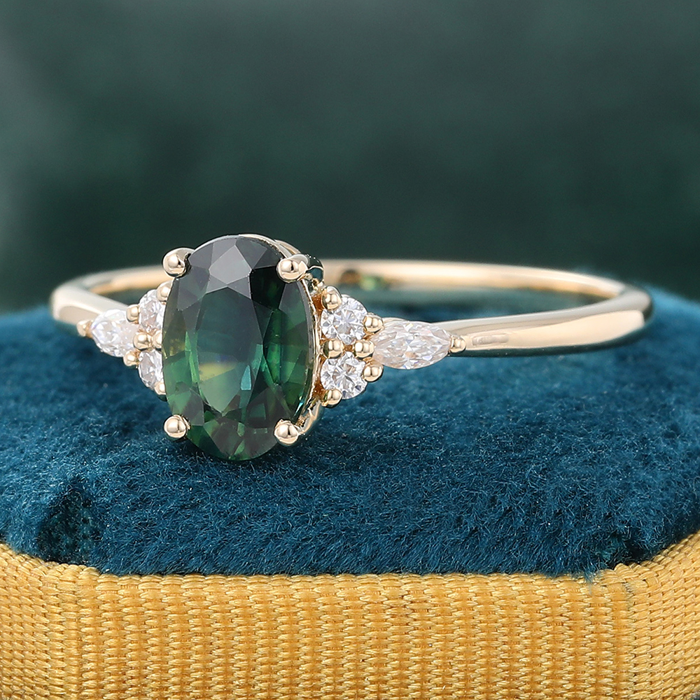 Oval Cut Green Blue Sapphire Engagement Ring Yellow Gold Ring for Women