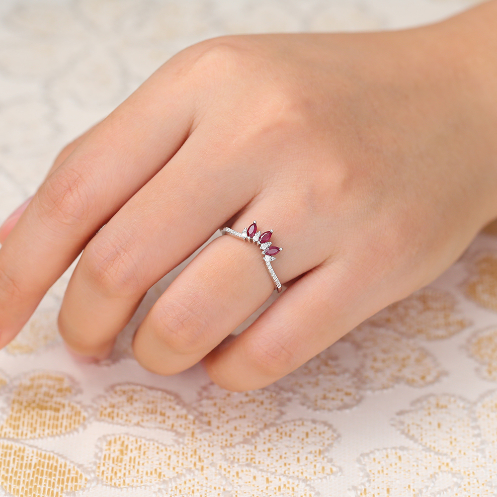 Juyoyo Ruby Curved Wedding Band Diamond Pave White Gold Stacking Ring for Women