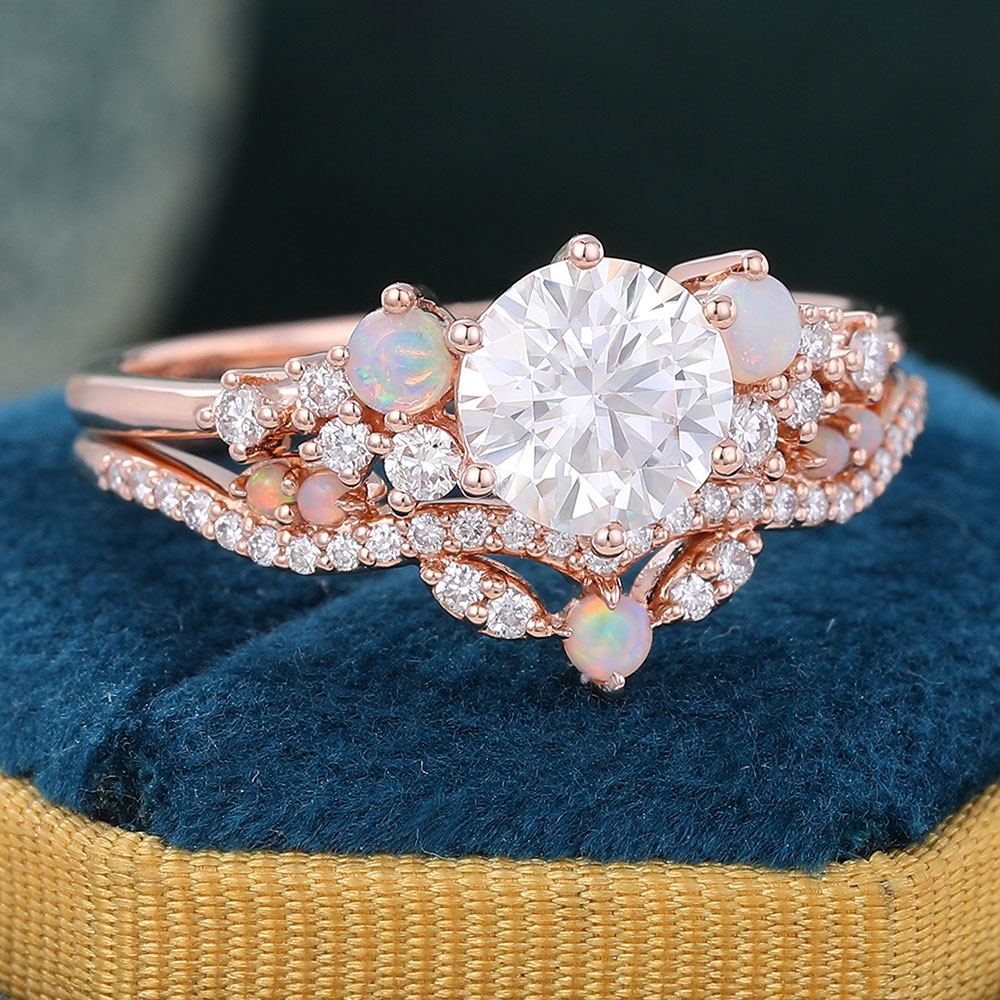 Juyoyo Round Moissanite and Opal Bridal Ring Set Rose Gold Cluster Engagement Ring Set - 2pcs