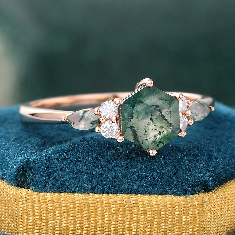 Halo Diamond & Moss Agate Engagement Ring, 14k Rose Gold Ring, Diamond Halo Engagement Ring, 1ct Round Green Gemstone Ring, Promise Ring popular