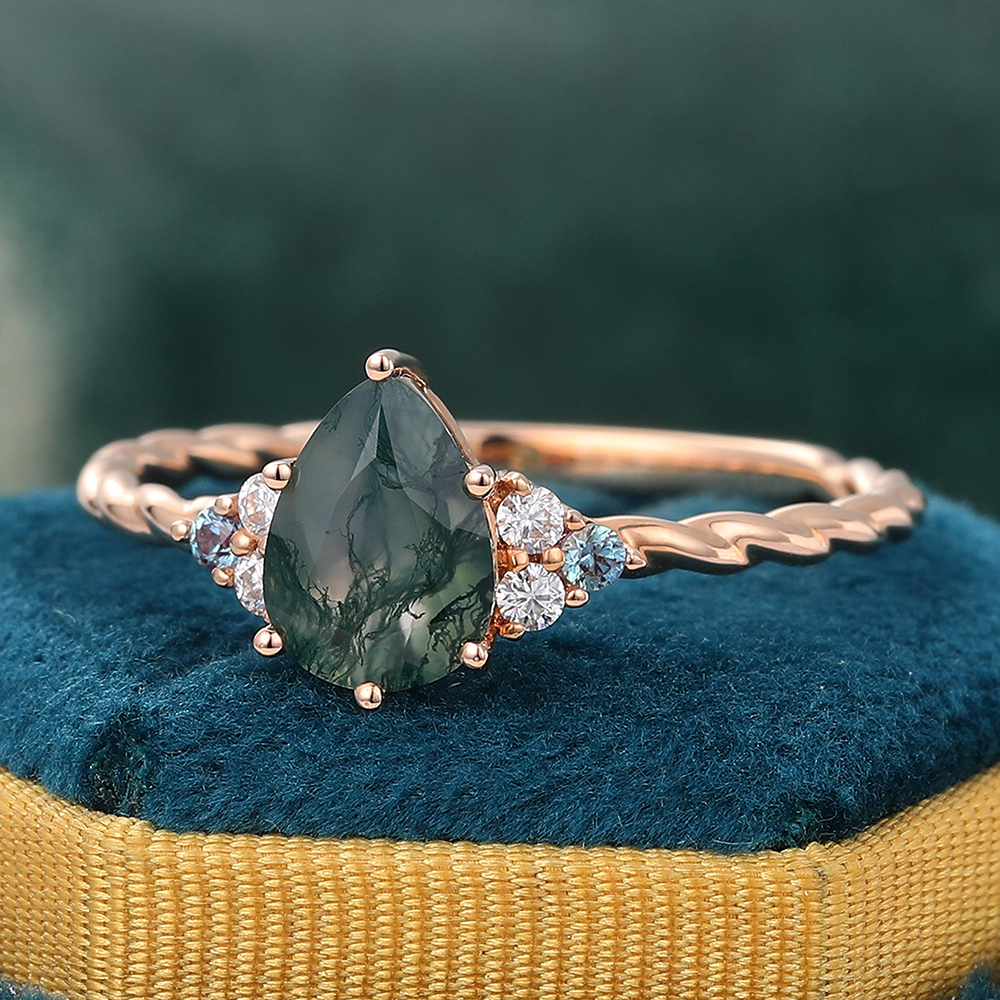 Juyoyo Pear Moss Agate Engagement Ring Twisted Ring with Alexandrite & Moissanite Accents