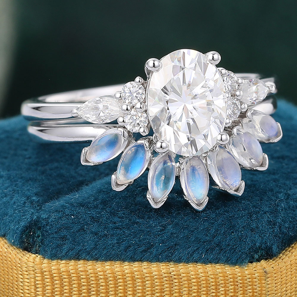 Juyoyo Oval Moissanite Bridal Ring Set with Moonstone Wedding Band Cluster Engagement Ring Set Silver