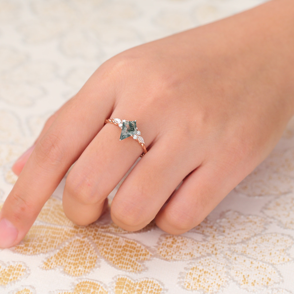 14K Rose Gold Kite Cut Moss Agate and Moissanite Twisted Ring