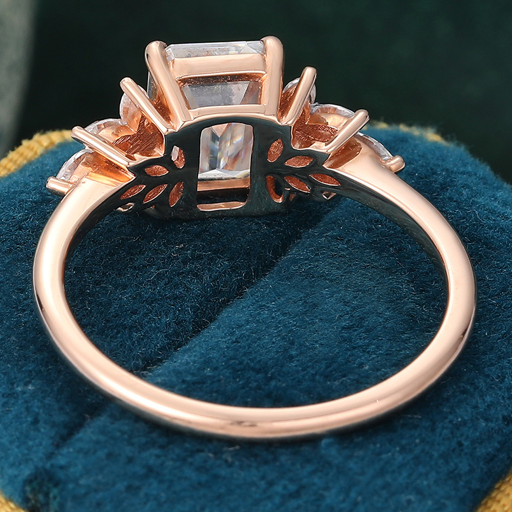 Juyoyo Emerald Cut Moissanite Wing Engagement Ring Vintage Diamond Accents Cluster Ring - 14K Rose Gold