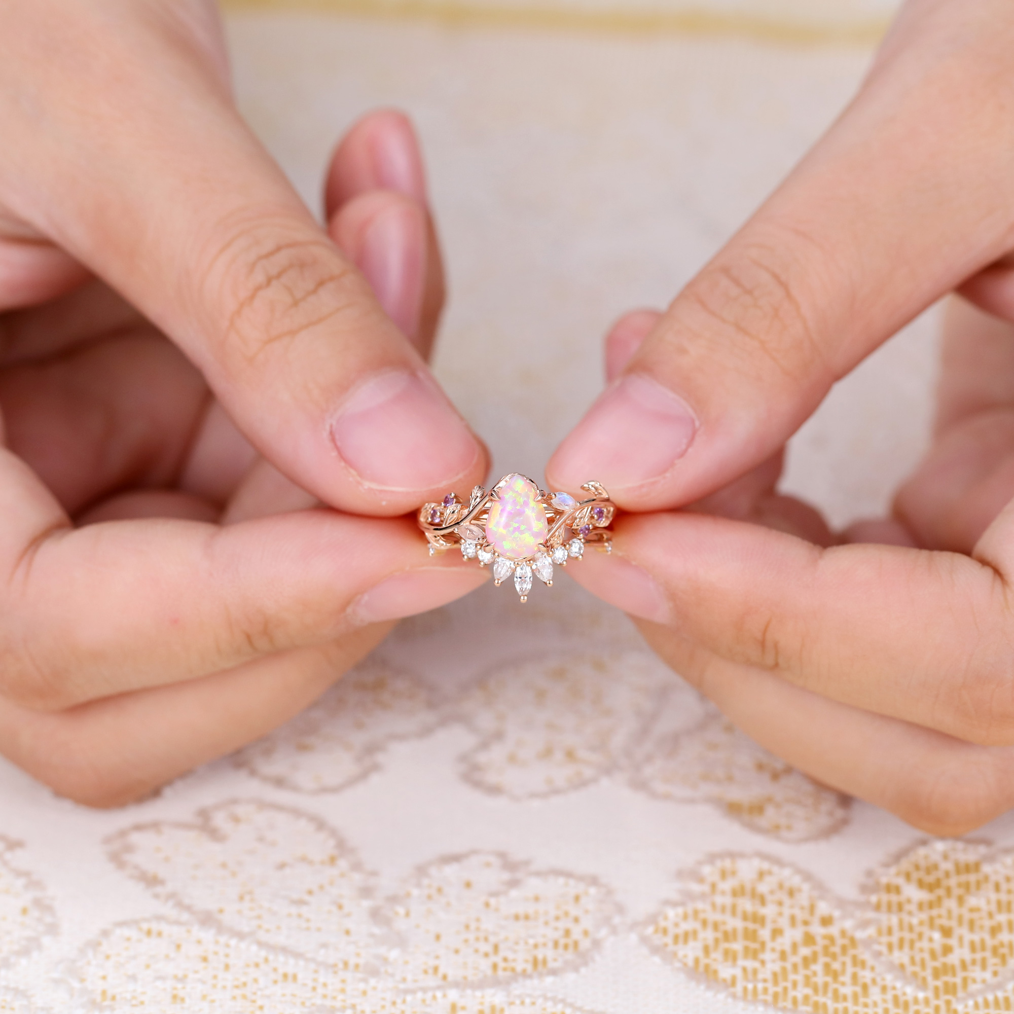 Juyoyo Pear Shaped Pink Opal Engagement Ring Set Vintage Natural Inspired Leaf Wedding Ring Set