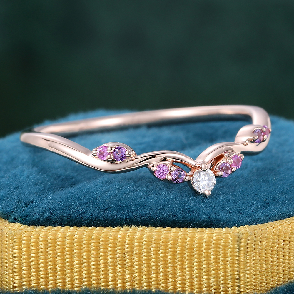 Juyoyo Round Amethyst & Pink Sapphire & Moissanite Wedding Band Curved Wedding Band Rose Gold