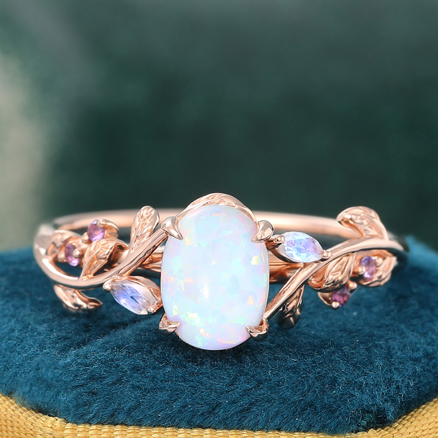 Vintage Oval Opal Engagement Ring Nature Inspired Moonstone Amethyst Ring 14K Rose Gold