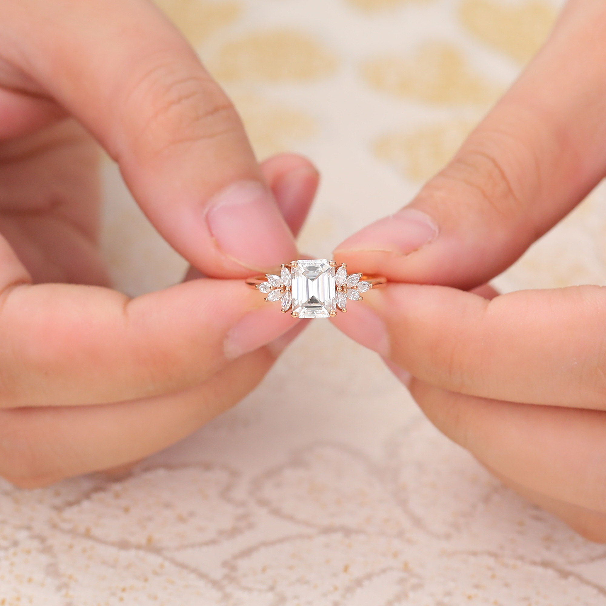 Juyoyo Emerald Cut Moissanite Wing Engagement Ring Vintage Diamond Accents Cluster Ring - 14K Rose Gold