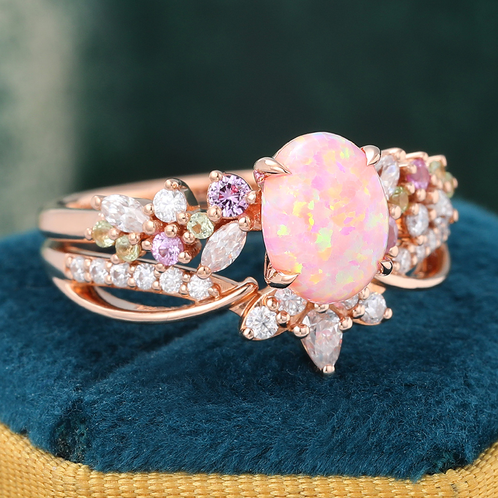 Juyoyo Vintage Oval Pink Opal Bridal Ring Set Diamond or Moissanite Crown Wedding Band Rose Gold