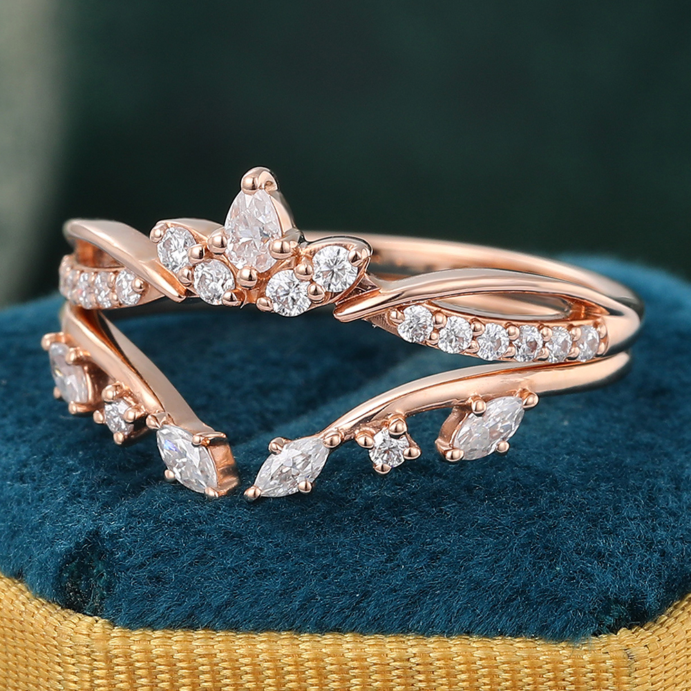Juyoyo Moissanite Double Wedding Band Vintage Crown Curved Wedding Band 14K Rose Gold