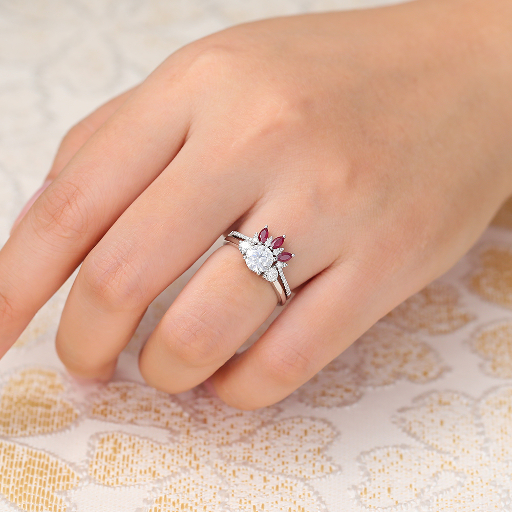 Juyoyo Moissanite Bridal Ring Set with Ruby Wedding Band White Gold Engagement Ring Set - 2pcs