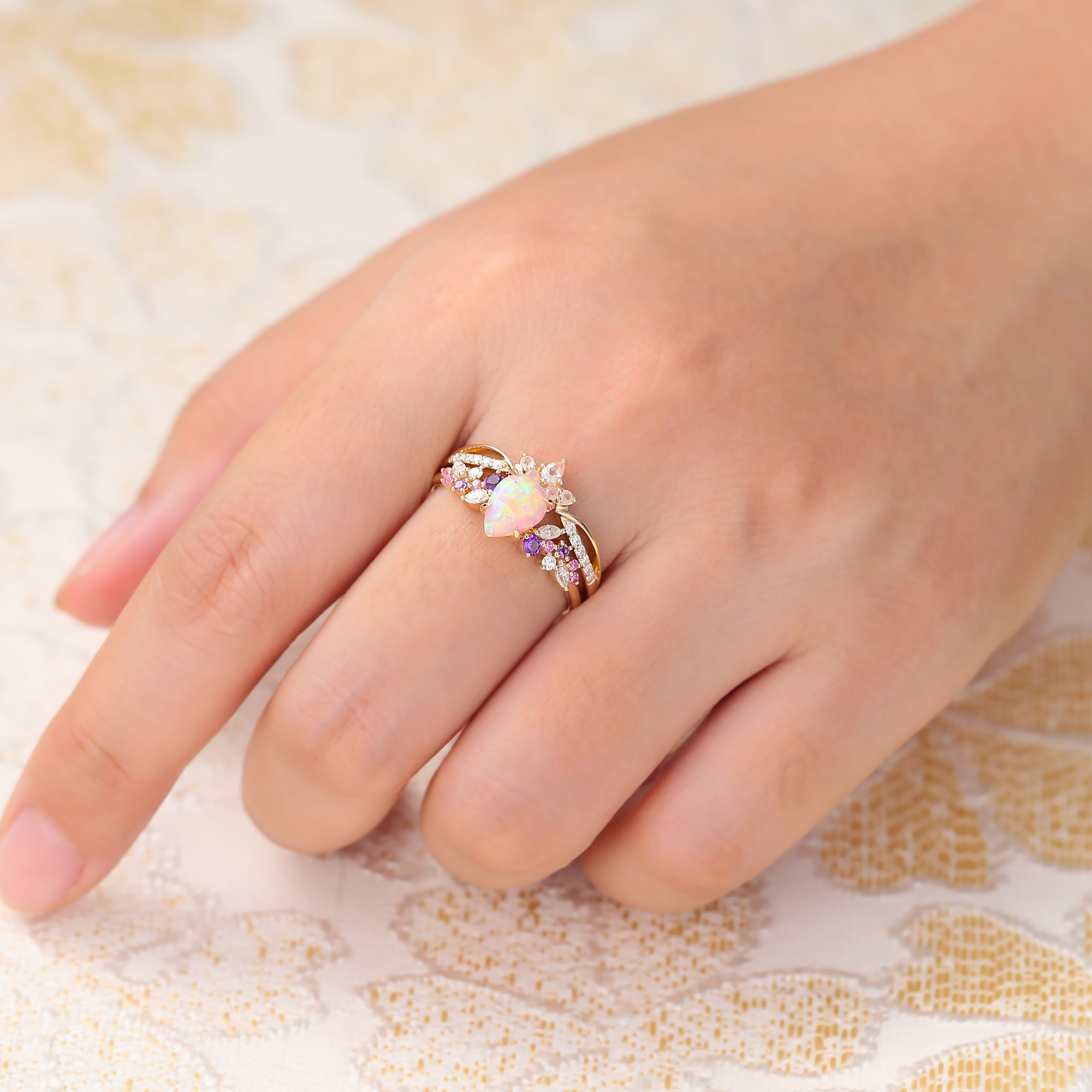 Juyoyo 14K Gold Vintage Lab Pink Opal Bridal Ring Set - 2pcs