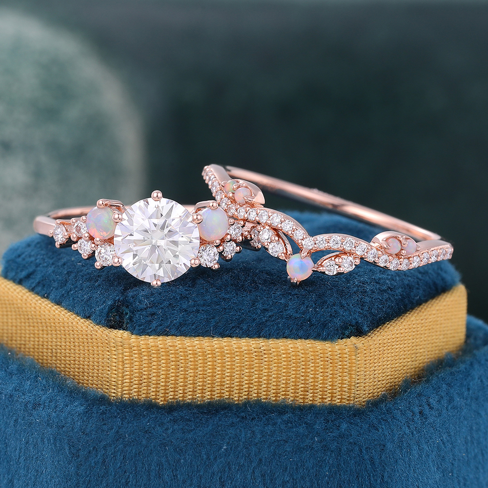 Juyoyo Round Moissanite and Opal Bridal Ring Set Rose Gold Cluster Engagement Ring Set - 2pcs