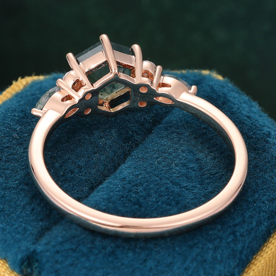 Hexagon Cut Moss Agate Ring Unique Engagement Ring in 14K Rose Gold