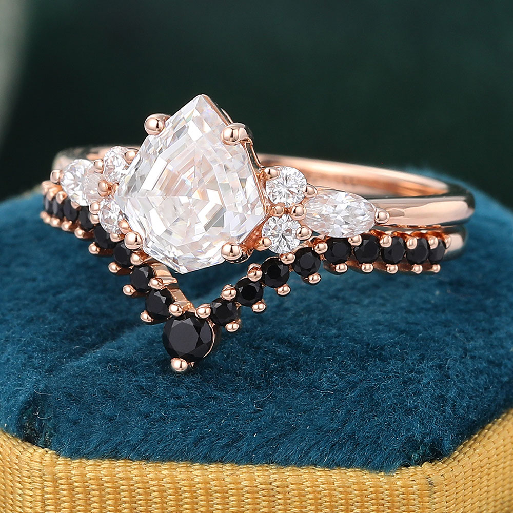 Juyoyo Unique Shield Shaped Moissanite Engagement Ring Set with Curved Black Onyx Ring Set Rose Gold