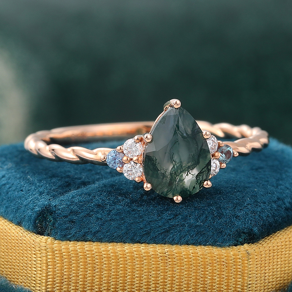 Juyoyo Pear Moss Agate Engagement Ring Twisted Ring with Alexandrite & Moissanite Accents