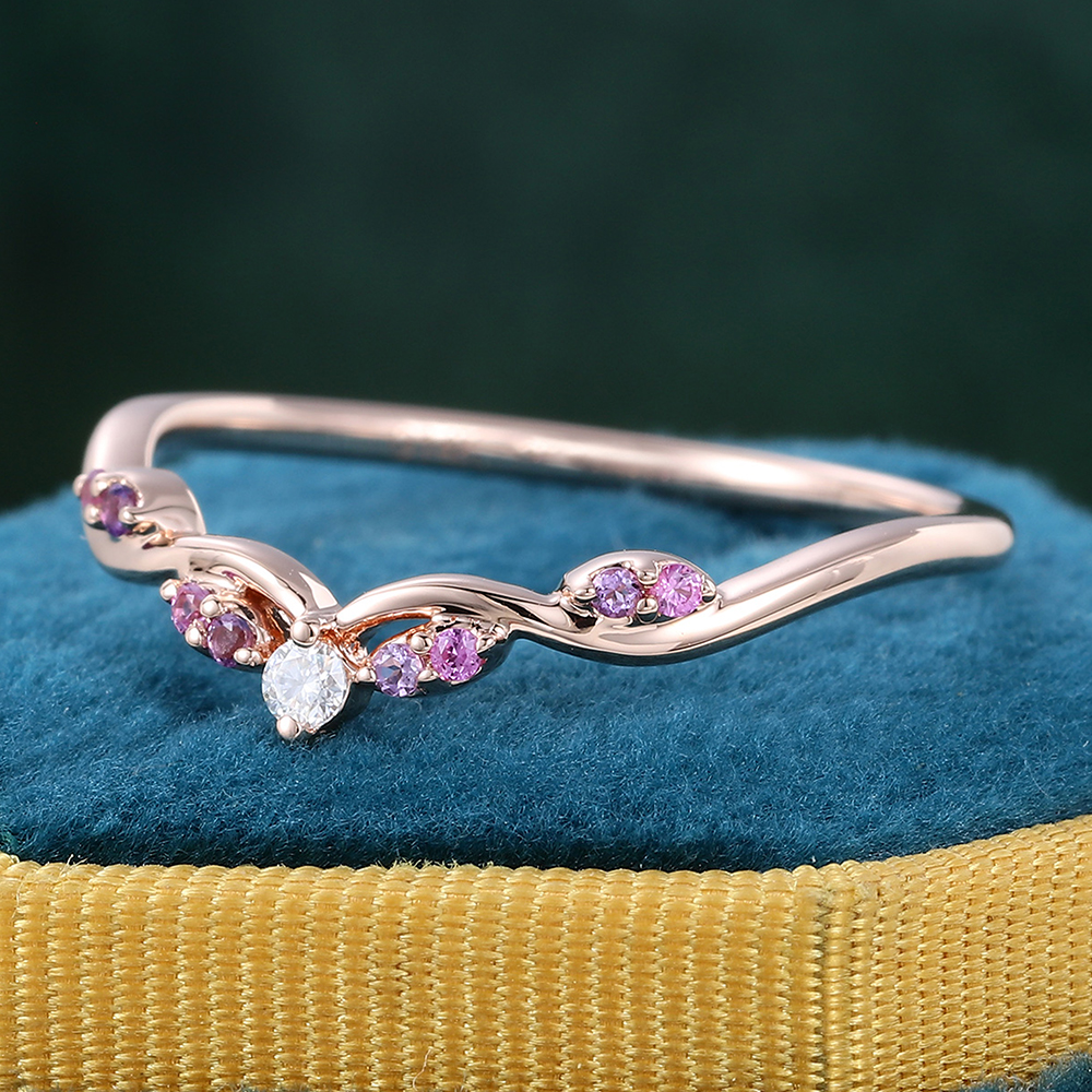 Juyoyo Round Amethyst & Pink Sapphire & Moissanite Wedding Band Curved Wedding Band Rose Gold