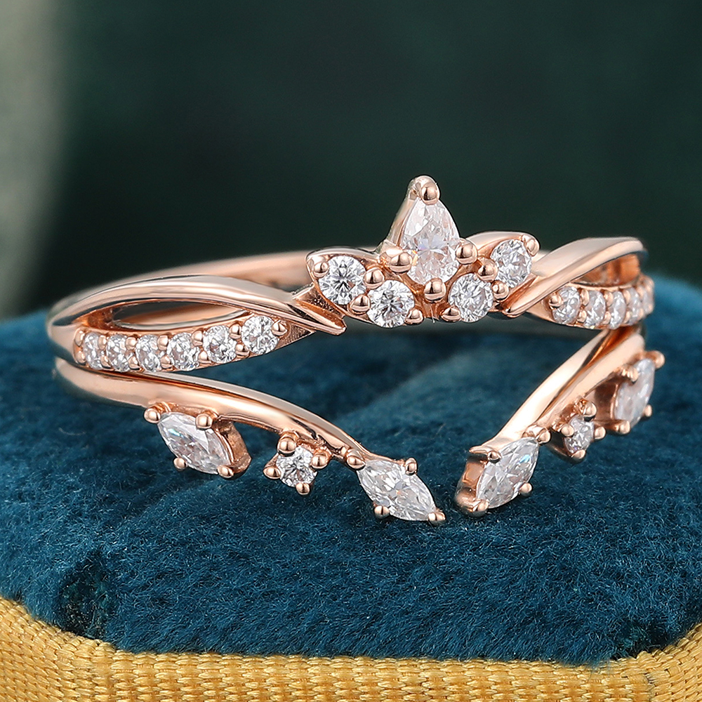 Juyoyo Moissanite Double Wedding Band Vintage Crown Curved Wedding Band 14K Rose Gold