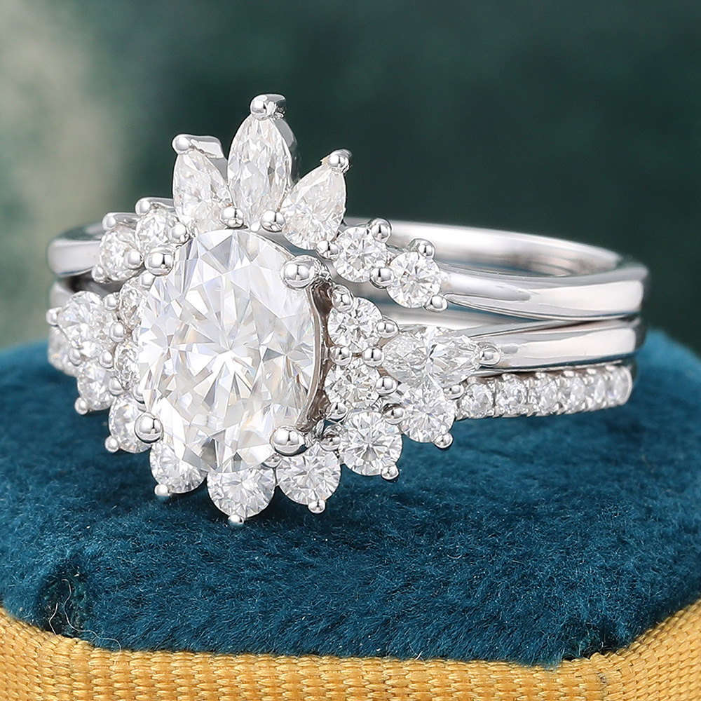 Juyoyo Oval Moissanite Engagement Ring Set Vintage Wedding Ring Set White Gold - 3pcs