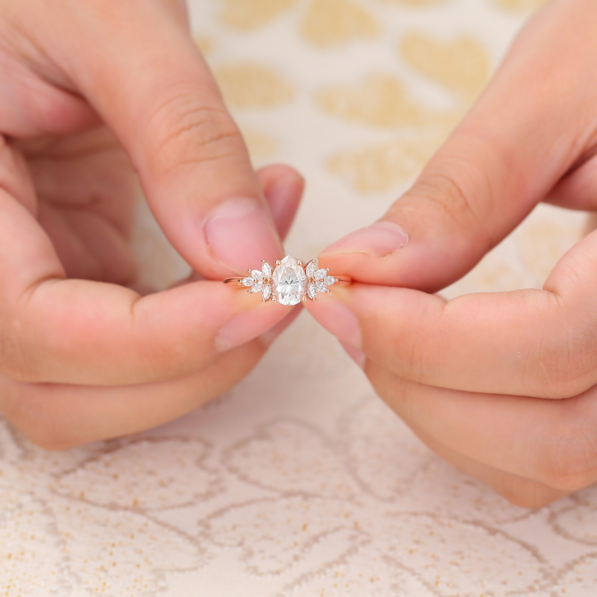 Juyoyo Pear Shaped Moissanite Wing Engagement Ring Vintage Diamond Accents Ring - 14K Rose Gold